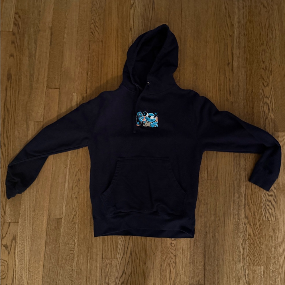 Navy blue pokemon hoodie with embroidered squirtle decal